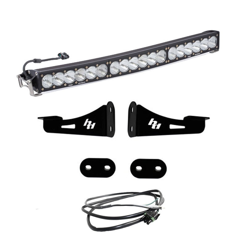 Baja Designs Onx6+ Arc Front Bumper Kit, complete kit on a studio background: A curved OnX6+ Arc LED light bar