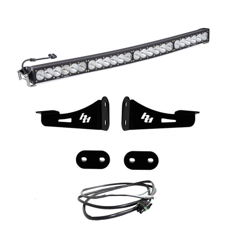 Baja Designs Onx6+ Arc Front Bumper Kit, complete kit on a studio background: A curved OnX6+ Arc LED light bar with two black mounting brackets, spacer plates and a wiring harness on a white background