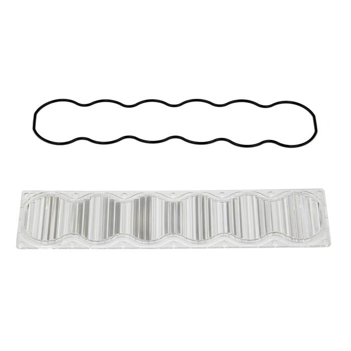 Baja Designs OnX6 Light Bar Lens Kit, complete kit on a studio background: A clear OnX6 light bar lens with fluted optics across its length and a black wavy gasket on a white background. Title gives no lens color and this SKU shows several colors, so