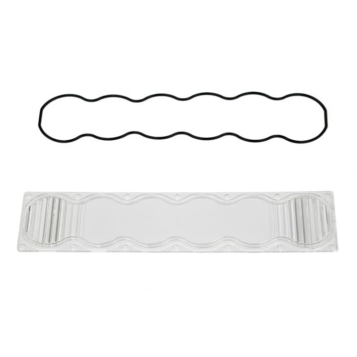 Baja Designs OnX6 Light Bar Lens Kit, complete kit on a studio background: A clear OnX6 light bar lens with fluted end sections and a black wavy gasket on a white background. Title gives no lens color and this SKU shows several colors, so the color