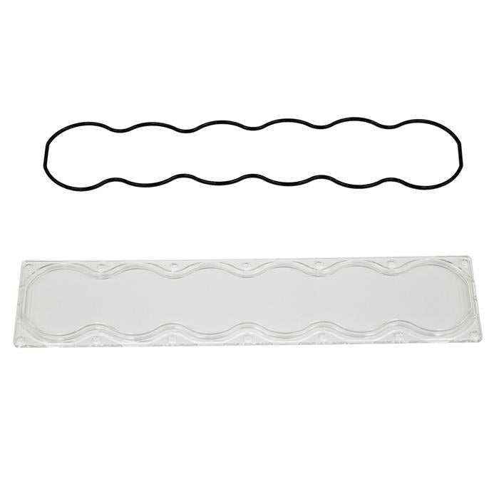Baja Designs OnX6 Light Bar Lens Kit, complete kit on a studio background: A clear OnX6 light bar lens with a smooth face and a black wavy gasket on a white background. Title gives no lens color and this SKU shows several colors, so the color
