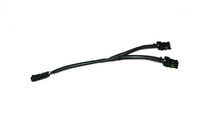 Baja Designs OnX6/S8/XL 2-Light Splitter, whole product on a studio background: A thin Y splitter cable with one connector branching to two weatherproof connectors on a white background