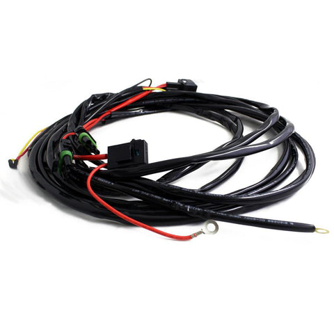 Baja Designs OnX6/S8/XL 3-Pin Hi-Beam 2-Light Max (150 Watts) Wiring Harness, whole product on a studio background: coiled black two-light wiring harness with relay, fuse holder, red power lead and ring terminal on white