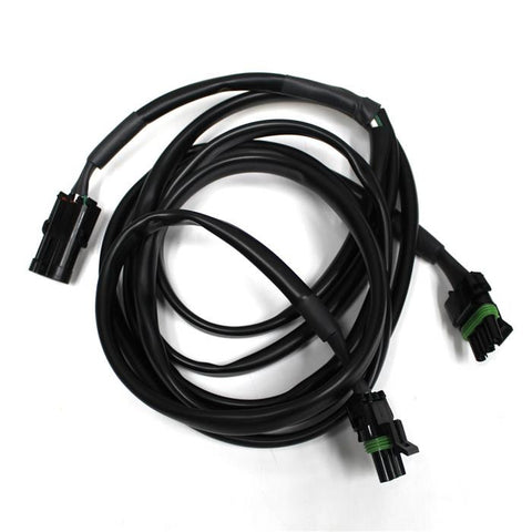 Baja Designs OnX6/S8/XL 55" Splitter, whole product on a studio background: A coiled long black splitter cable with a multi-pin connector and two weatherproof connectors