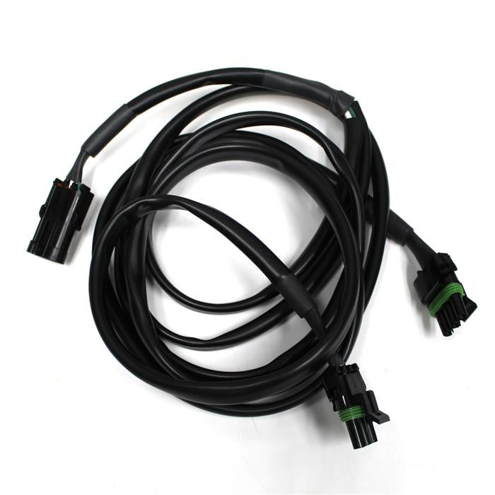 Baja Designs OnX6/S8/XL 55" Splitter, whole product on a studio background: A coiled long black splitter cable with a multi-pin connector and two weatherproof connectors