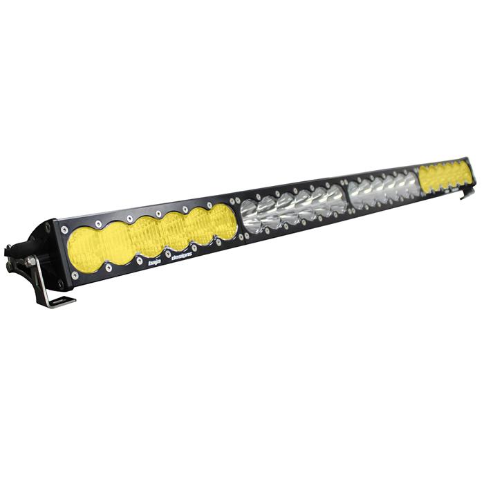 Baja Designs OnX6 Straight Dual Control LED Light Bar, whole product on a studio background: long black straight Baja Designs LED light bar with amber and clear lens sections and end mounting brackets on a white background