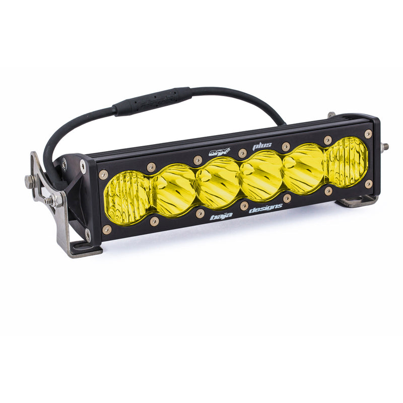 Baja Designs OnX6+ Straight LED Light Bar, whole product on a studio background: short black Baja Designs LED light bar with six amber lenses, a wiring harness and side brackets on a white background