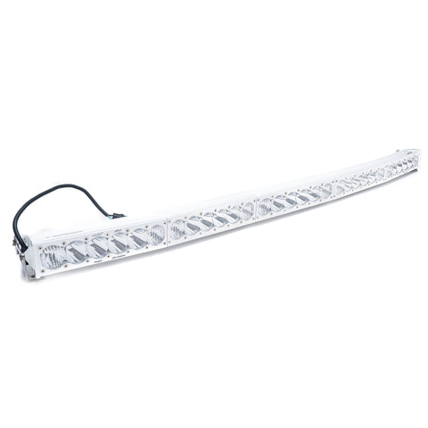 Baja Designs OnX6 White Arc LED Light Bar, whole product on a studio background: curved white LED light bar with clear lenses and a wiring harness on a white background
