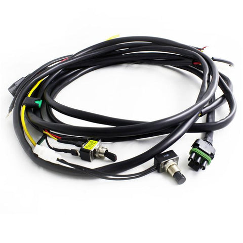 Baja Designs OnX6/XL Hi-Power w/Mode Switch 2-Light Max (355 Watts) Wiring Harness, whole product on a studio background: coiled black wiring harness with toggle switch, mode switch, yellow lead and 3-pin connector on white