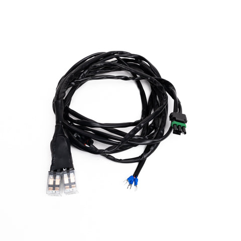 Baja Designs REFLEX Light Actuator Harness, Power Management Universal Motor Actuator Adaptor Harness, whole product on a studio background: A black actuator adaptor harness with clear motor plugs, weatherpack connectors and blue spade leads on white