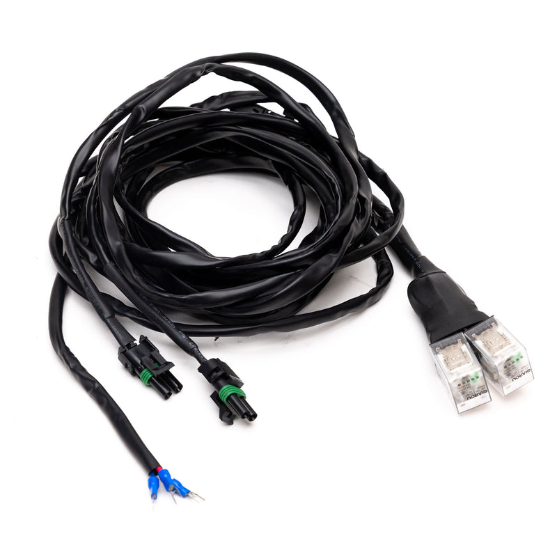 Baja Designs REFLEX Light Actuator Harness, Power Management Universal Motor Actuator Adaptor Harness, whole product on a studio background: A black actuator adaptor harness with clear motor plugs, weatherpack connectors and blue spade leads on white