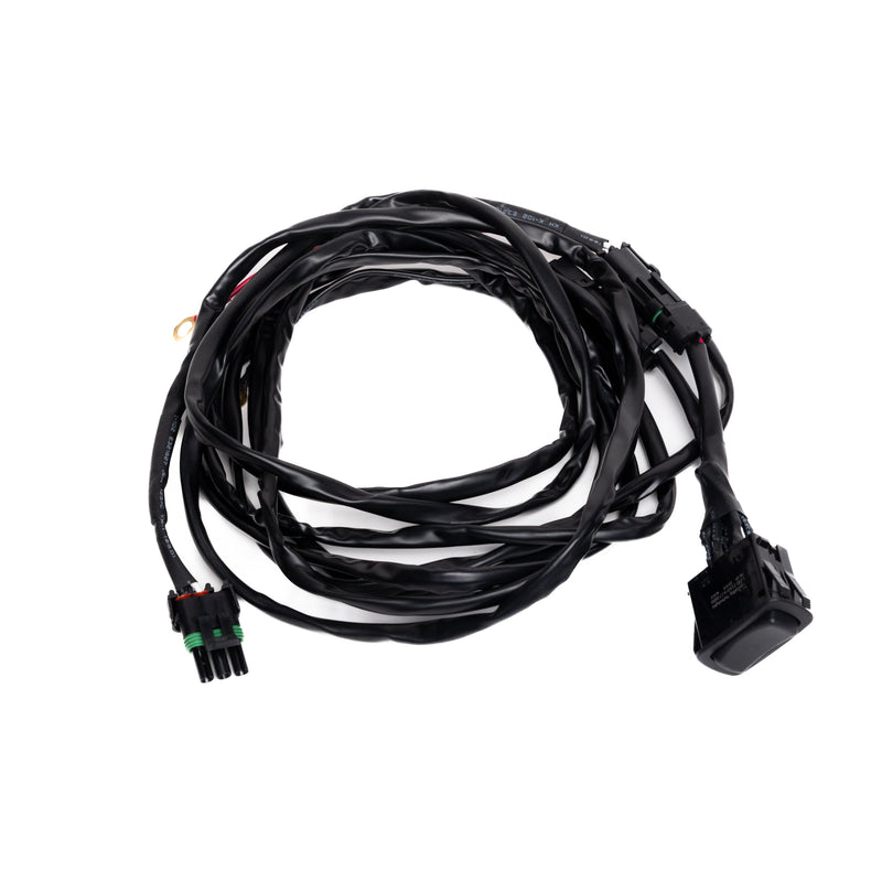 Baja Designs REFLEX Light Actuator Harness, Rocker Switch Universal Motor Actuator Adaptor Harness, whole product on a studio background: A looped black actuator harness with a weatherpack connector and a rocker switch on white
