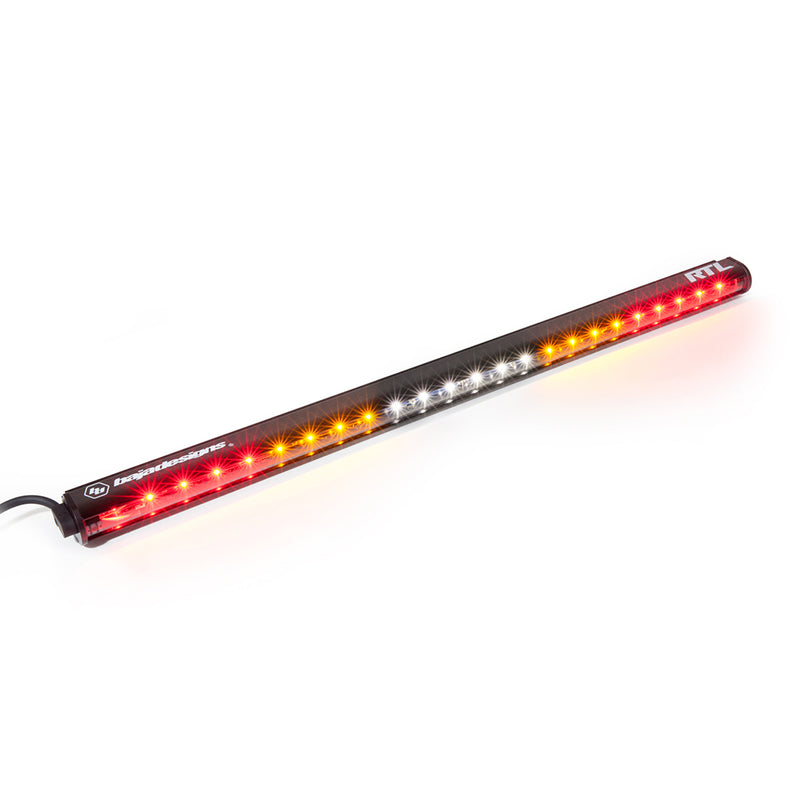 Baja Designs RTL-S LED Rear Light Bar with Turn Signal, whole product on a studio background: long RTL LED rear light bar lit red and amber at the ends with a white center section on a white background