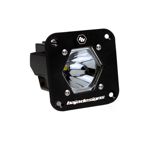 Baja Designs S1 Black Flush Mount Auxiliary Light Pod, whole product on a studio background: black S1 flush mount pod, clear spot reflector lens on a white background