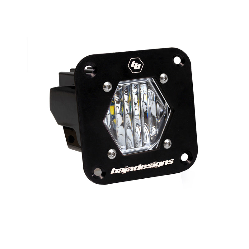 Baja Designs S1 Black Flush Mount Auxiliary Light Pod, whole product on a studio background: black S1 flush mount pod, clear wide cornering lens on a white background