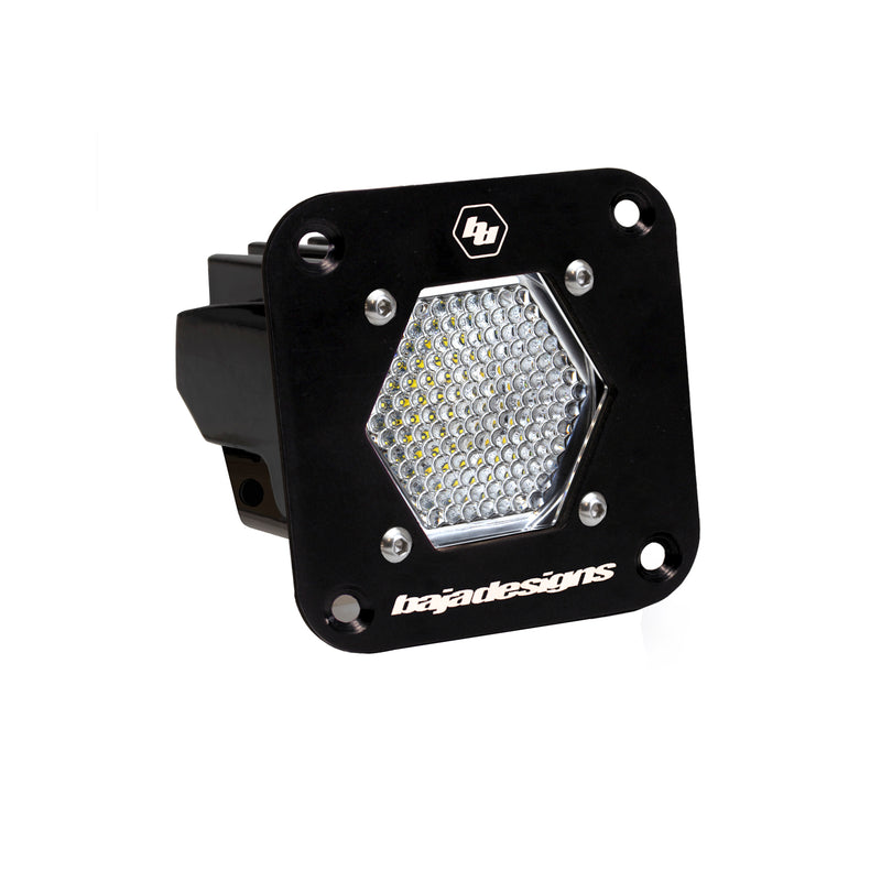 Baja Designs S1 Black Flush Mount Auxiliary Light Pod, whole product on a studio background: black S1 flush mount pod, clear work/scene dimpled lens on a white background
