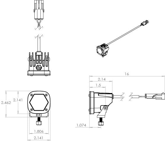 Baja Designs S1 Black LED Auxiliary Light Pod: line drawing of the S1 pod with dimension callouts and harness connector