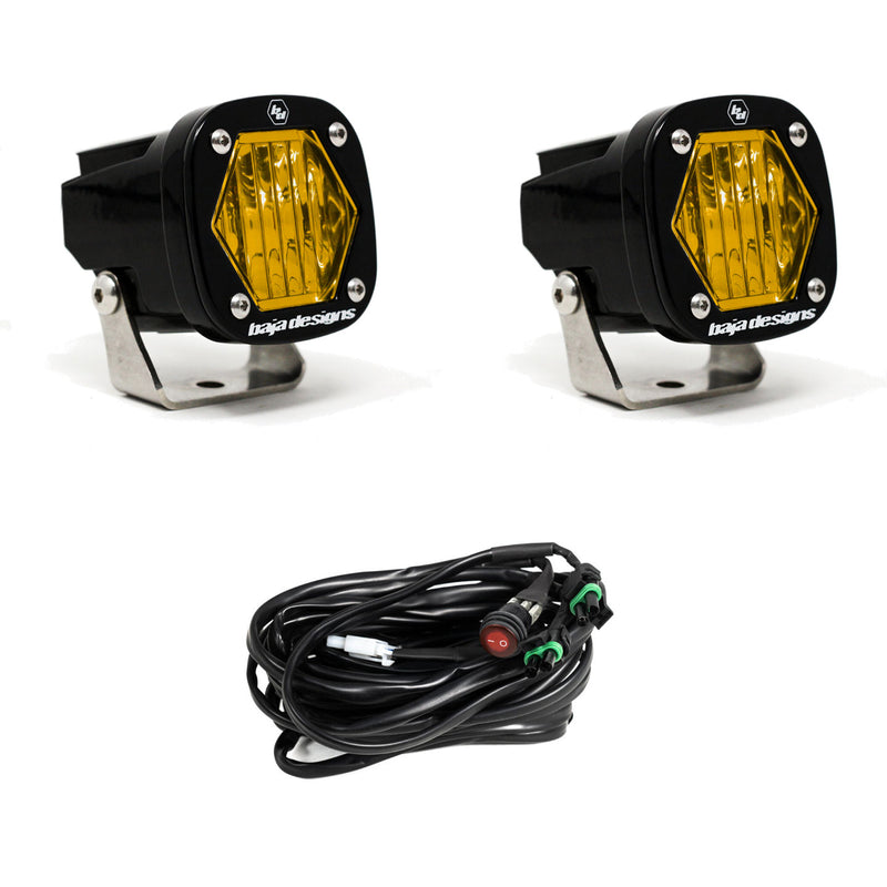 Baja Designs S1 Black LED Auxiliary Light Pod Pair, whole product on a studio background: pair of black S1 pods, amber wide cornering lenses, with switch harness on a white background