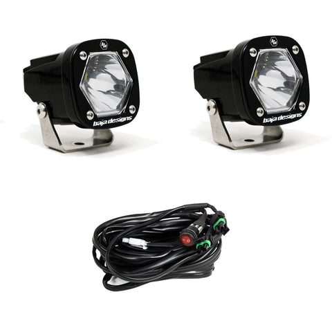 Baja Designs S1 Black LED Auxiliary Light Pod Pair, whole product on a studio background: pair of black S1 pods, clear spot lenses, with switch harness on a white background