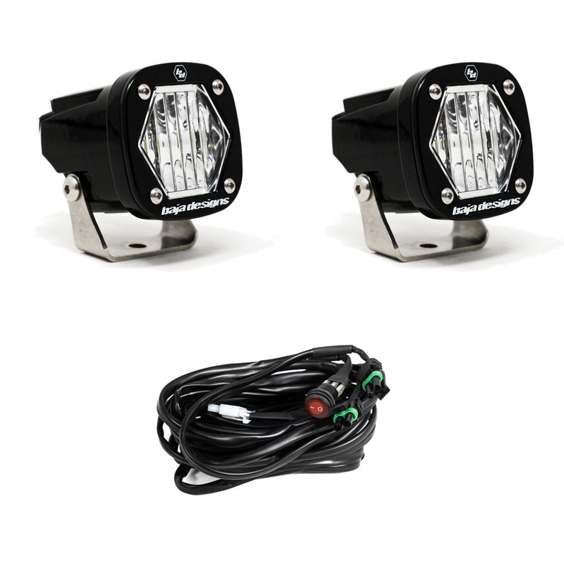 Baja Designs S1 Black LED Auxiliary Light Pod Pair, whole product on a studio background: pair of black S1 pods, clear wide cornering lenses, with switch harness on a white background