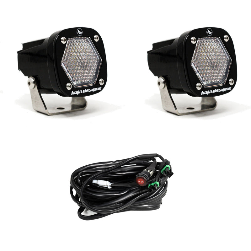 Baja Designs S1 Black LED Auxiliary Light Pod Pair, whole product on a studio background: pair of black S1 pods, clear work/scene dimpled lenses, with switch harness on a white background