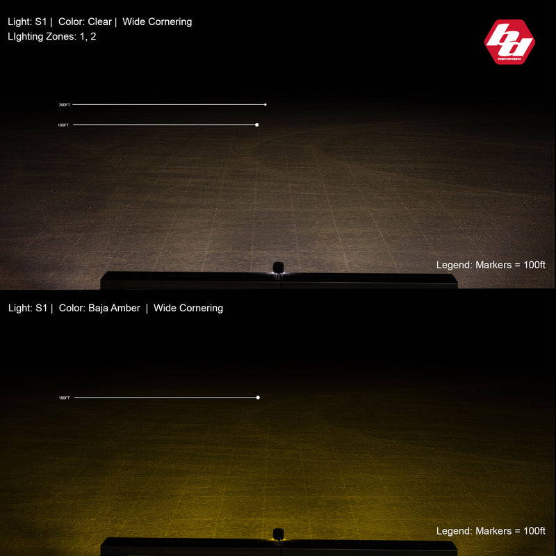 Baja Designs S1 Black LED Auxiliary Light Pod Pair: two overhead beam pattern plots comparing clear and amber S1 wide cornering output at night