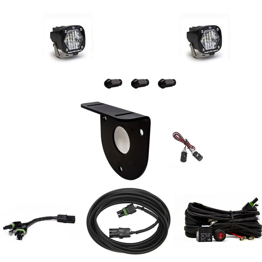 Baja Designs S1 Dual Reverse Light Kit, complete kit on a studio background: pair of S1 pods with a spare-tire bracket, spacers, cables and a relay harness on white