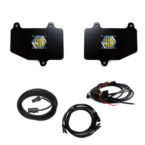 Baja Designs S1 Dual Reverse Light Kit, complete kit on a studio background: two black mounting plates with flush hexagonal S1 pods, a wiring harness and two extension cables on white
