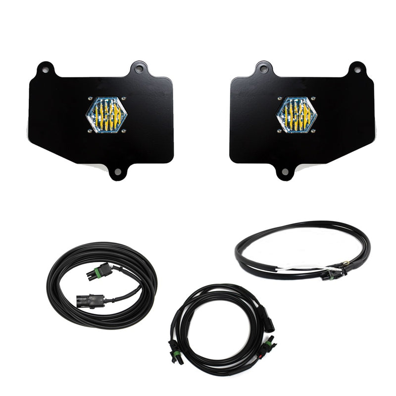Baja Designs S1 Dual Reverse Light Kit, complete kit on a studio background: two S1 LED pods set in black mounting plates with three wiring cables on a white background