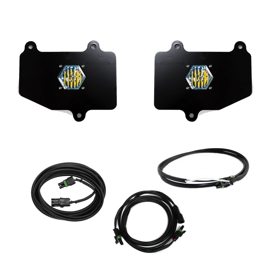 Baja Designs S1 Dual Reverse Light Kit, complete kit on a studio background: two S1 LED pods set in black mounting plates with three wiring cables on a white background
