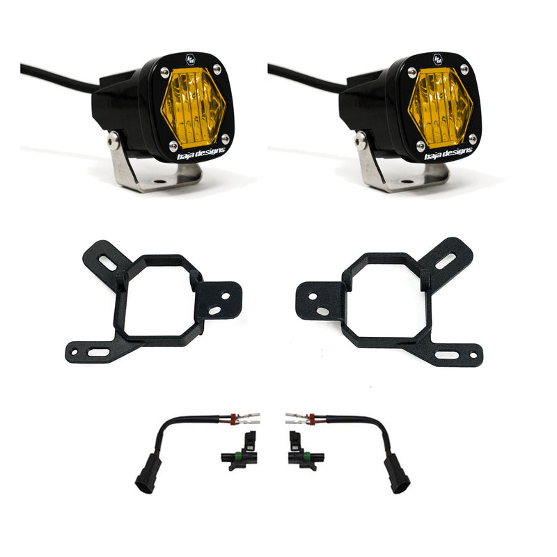 Baja Designs S1 Fog Pocket Light Kit, complete kit on a studio background: two black S1 LED pods with amber lenses, two black fog pocket brackets and two adapter harnesses on white