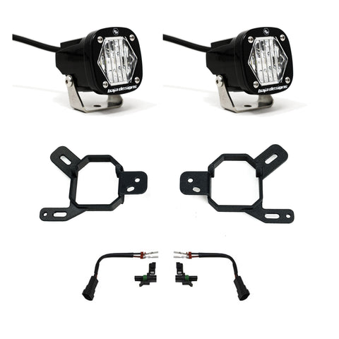 Baja Designs S1 Fog Pocket Light Kit, complete kit on a studio background: two black S1 LED pods