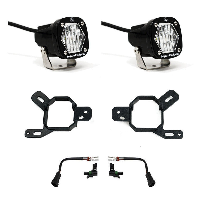Baja Designs S1 Fog Pocket Light Kit, complete kit on a studio background: two black S1 LED pods