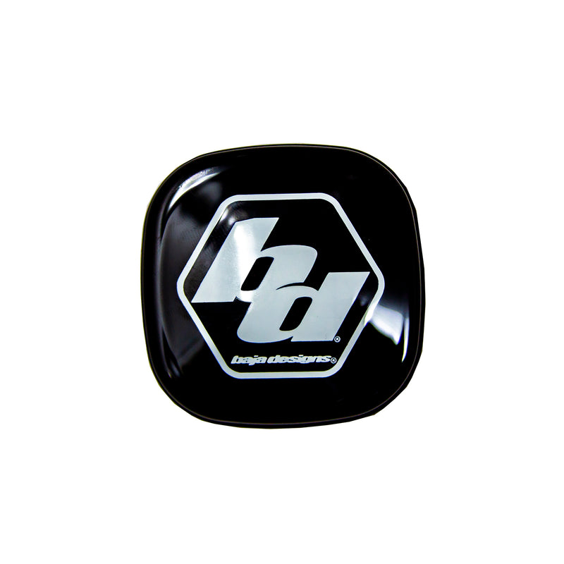 Baja Designs S1 Single Rock Guard, whole product on a studio background: A black S1 rock guard printed with the white Baja Designs logo on a white background