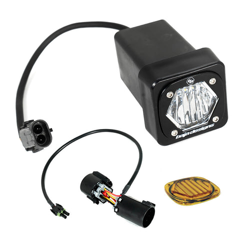 Baja Designs S1 Universal Hitch Light Kit, complete kit on a studio background: an S1 LED pod in a black hitch receiver housing shown with an adapter lead and an amber lens cover on white