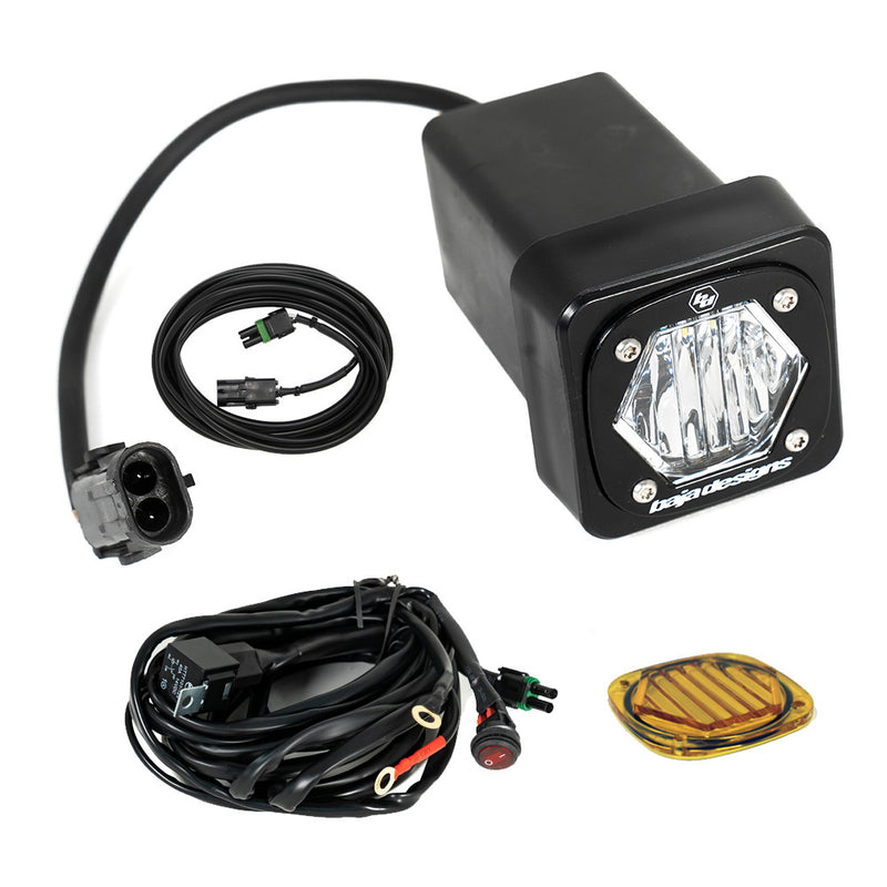 Baja Designs S1 Universal Hitch Light Kit, complete kit on a studio background: an S1 LED pod in a black hitch receiver housing with a switched wiring harness, extension lead and amber lens cover on white