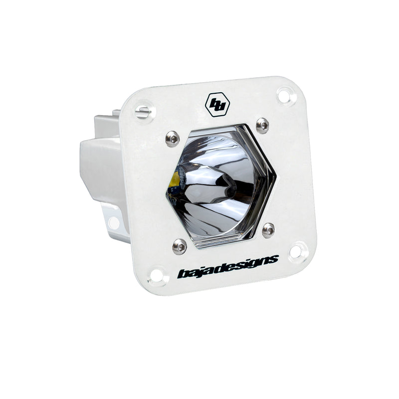Baja Designs S1 White Flush Mount Auxiliary Light Pod, whole product on a studio background: white S1 flush mount pod, clear spot reflector lens on a white background