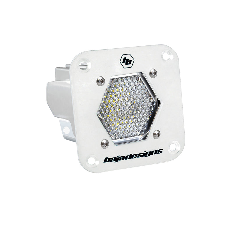 Baja Designs S1 White Flush Mount Auxiliary Light Pod, whole product on a studio background: white S1 flush mount pod, clear work/scene dimpled lens on a white background