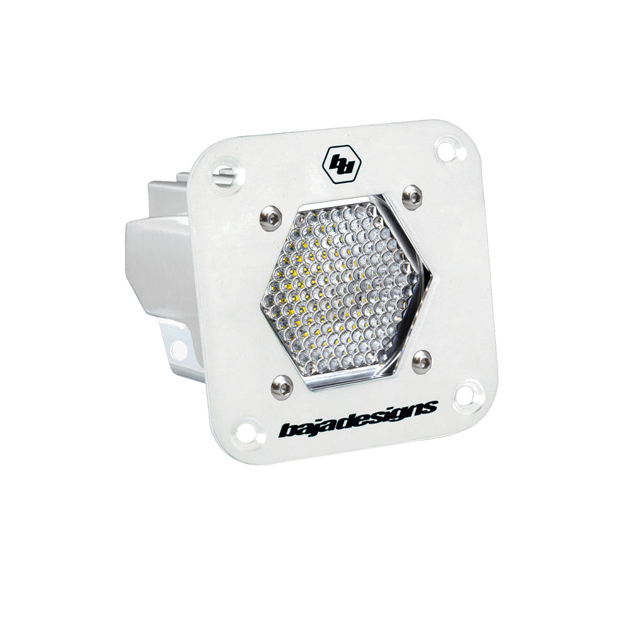 Baja Designs S1 White Flush Mount Auxiliary Light Pod, whole product on a studio background: white S1 flush mount pod, clear work/scene dimpled lens on a white background