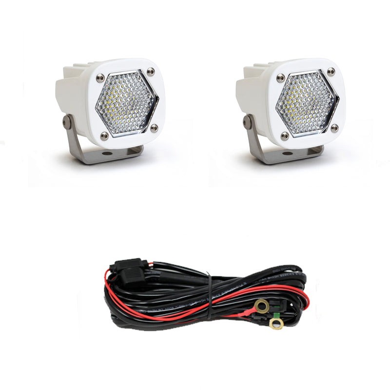 Baja Designs S1 White LED Auxiliary Light Pod Pair, whole product on a studio background: pair of white S1 pods, clear work/scene lenses, with harness on a white background