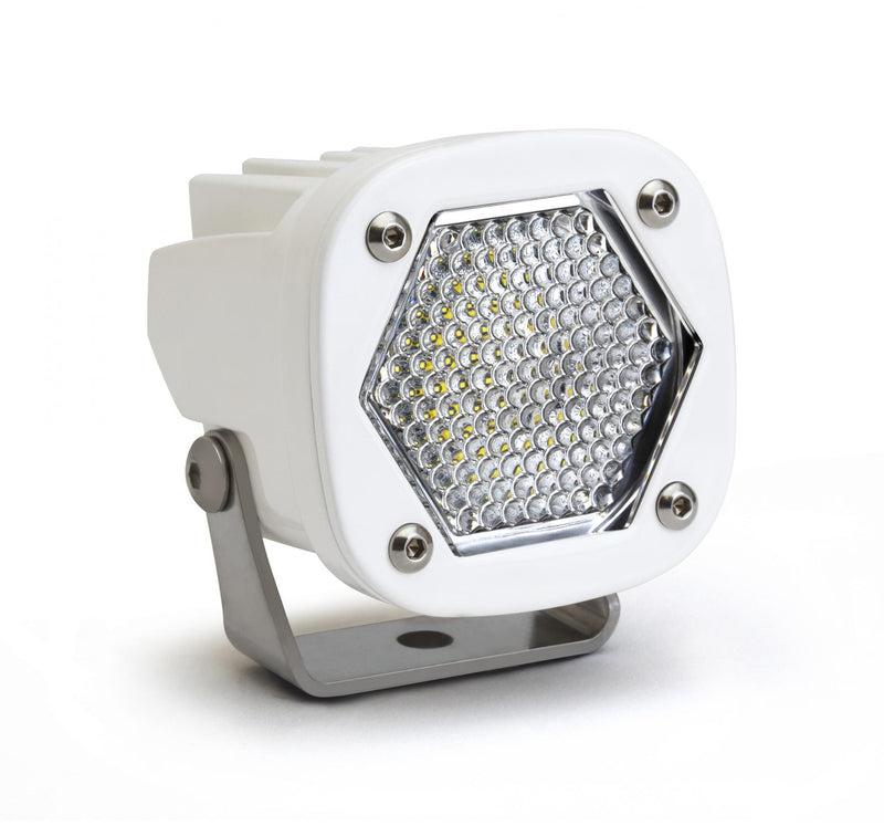 Baja Designs S1 White LED Auxiliary Light Pod, whole product on a studio background: single white S1 pod, clear work/scene dimpled lens, steel bracket on a white background