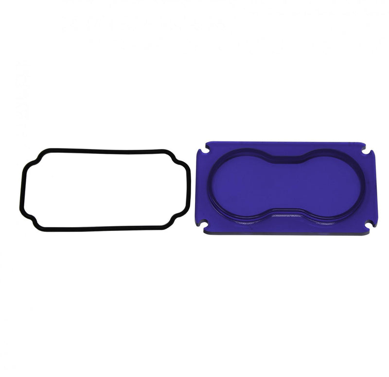 Baja Designs S2 Light Pod Lens Kit, complete kit on a studio background: A blue rectangular S2 replacement lens with a smooth spot optic lies beside its black O-ring gasket on a white background