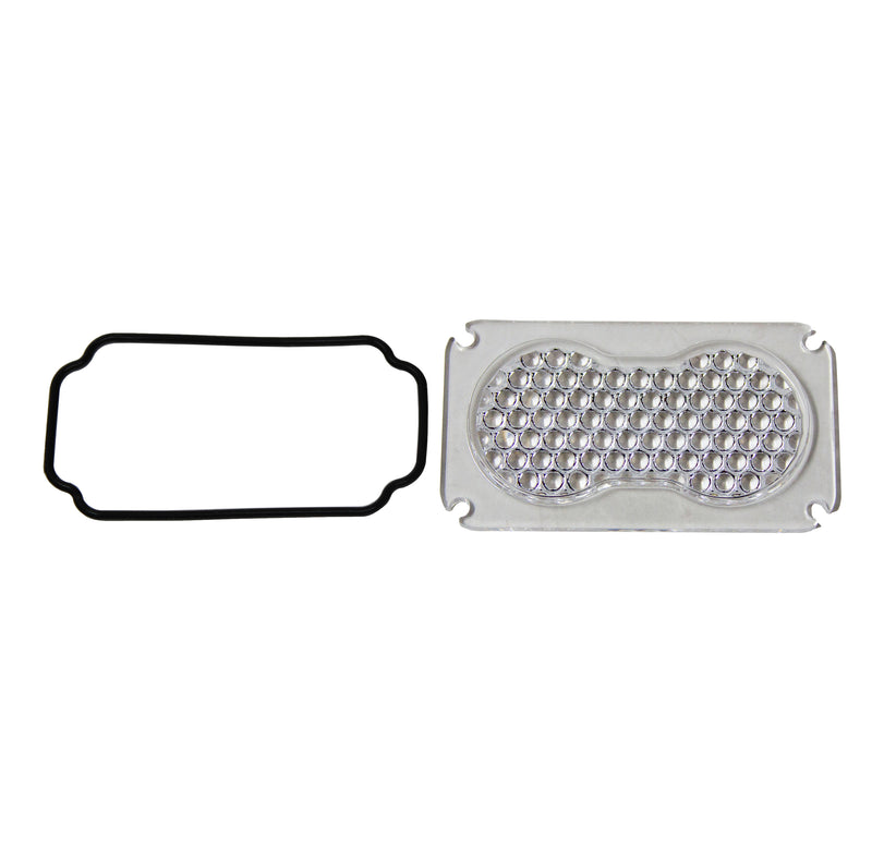 Baja Designs S2 Light Pod Lens Kit, complete kit on a studio background: A clear rectangular S2 replacement lens with a dimpled work/scene optic lies beside its black O-ring gasket on a white background