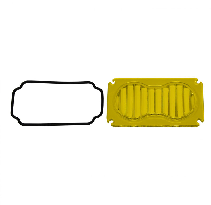 Baja Designs S2 Light Pod Lens Kit, complete kit on a studio background: A yellow-amber rectangular S2 replacement lens with a fully fluted wide cornering optic lies beside its black O-ring gasket on a white background
