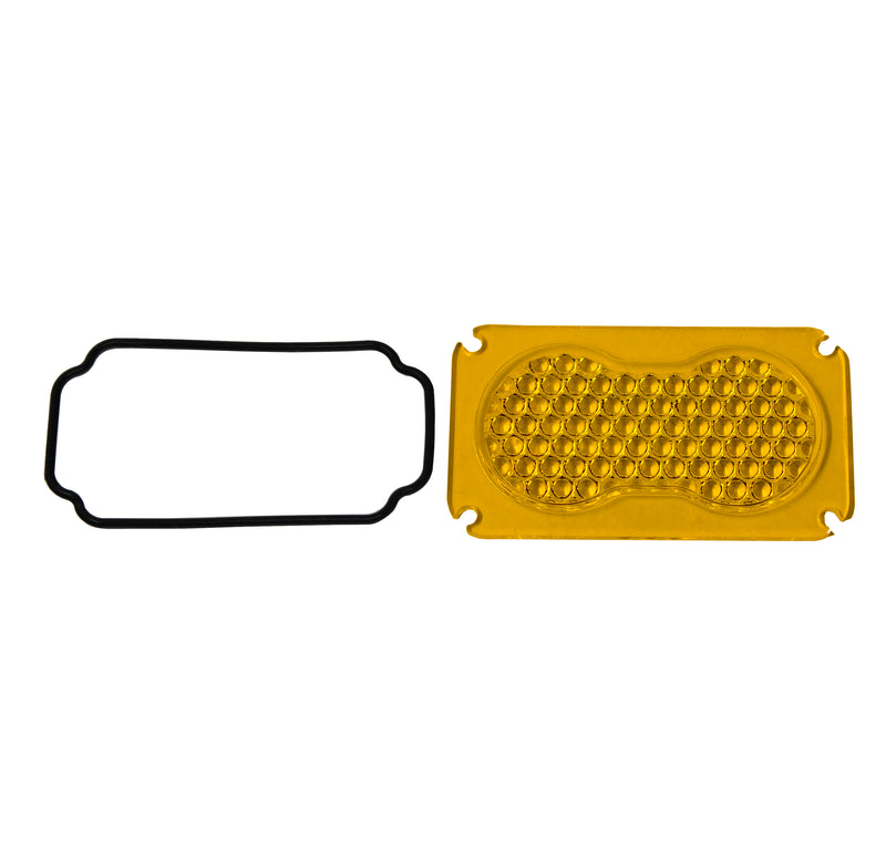 Baja Designs S2 Light Pod Lens Kit, complete kit on a studio background: A yellow-amber rectangular S2 replacement lens with a dimpled work/scene optic lies beside its black O-ring gasket on a white background