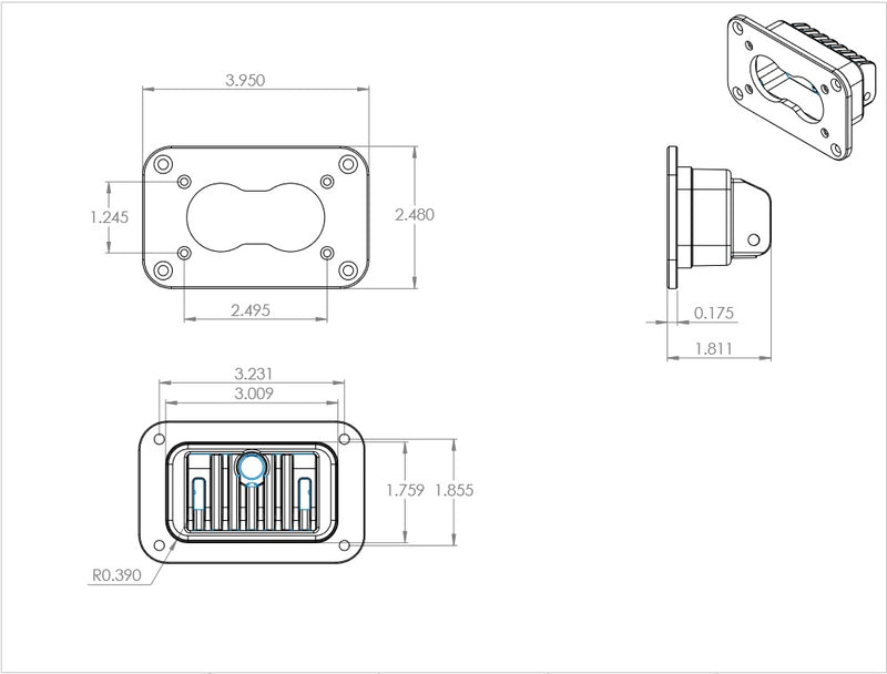 Baja Designs S2 Pro Black Flush Mount LED Auxiliary Light Pod: A dimension line drawing of the S2 Pro flush mount pod showing front, side and cutout measurements