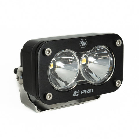 Baja Designs S2 Pro Black LED Auxiliary Light Pod, whole product on a studio background: A black S2 Pro LED pod
