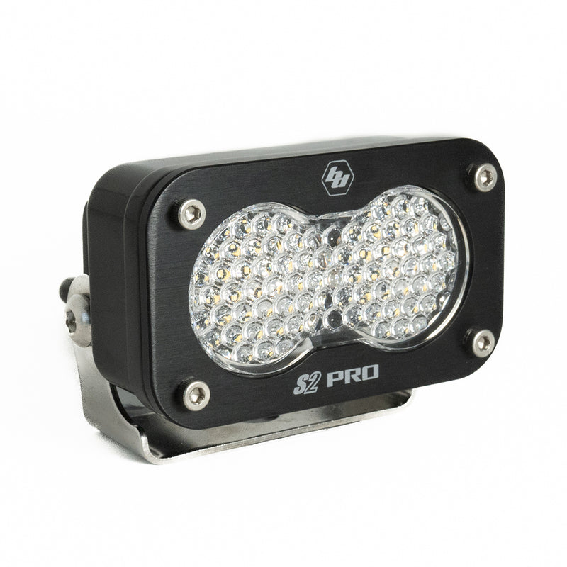 Baja Designs S2 Pro Black LED Auxiliary Light Pod, whole product on a studio background: A black S2 Pro LED pod with a clear dimpled work scene lens on a stainless bracket