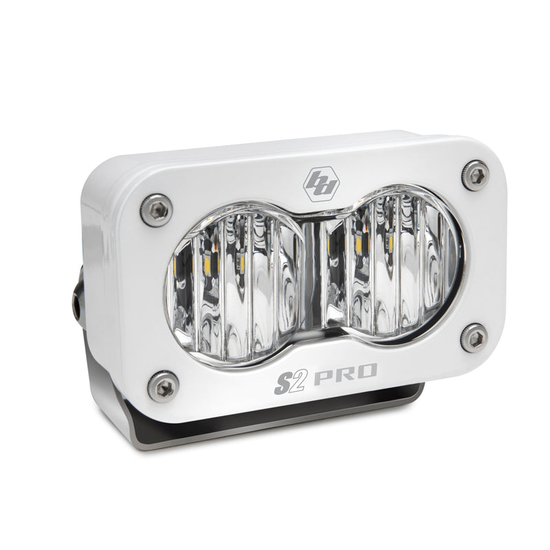 Baja Designs S2 Pro White LED Auxiliary Light Pod, whole product on a studio background: A white S2 Pro LED pod with a clear fluted wide cornering lens on a black bracket