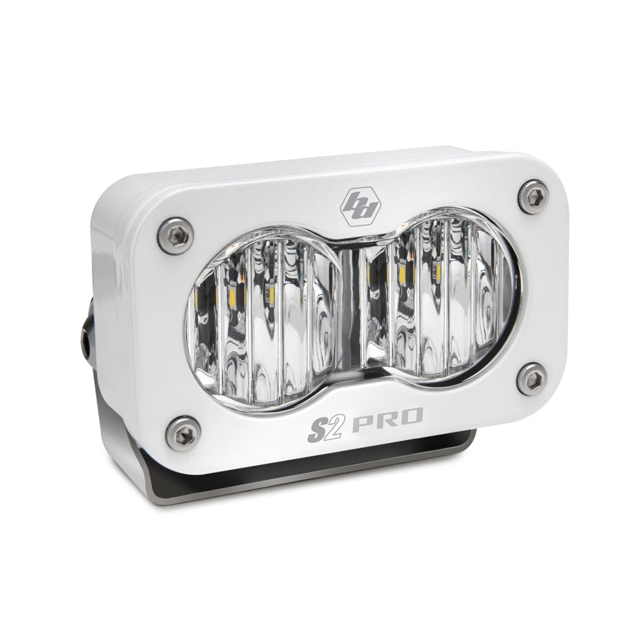 Baja Designs S2 Pro White LED Auxiliary Light Pod, whole product on a studio background: A white S2 Pro LED pod with a clear fluted wide cornering lens on a black bracket